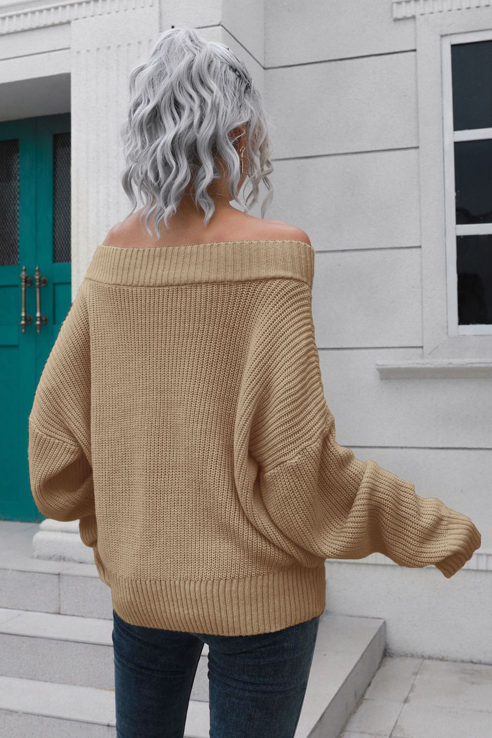 Camilia Off-Shoulder Ribbed Long Sleeve Pullover Sweater