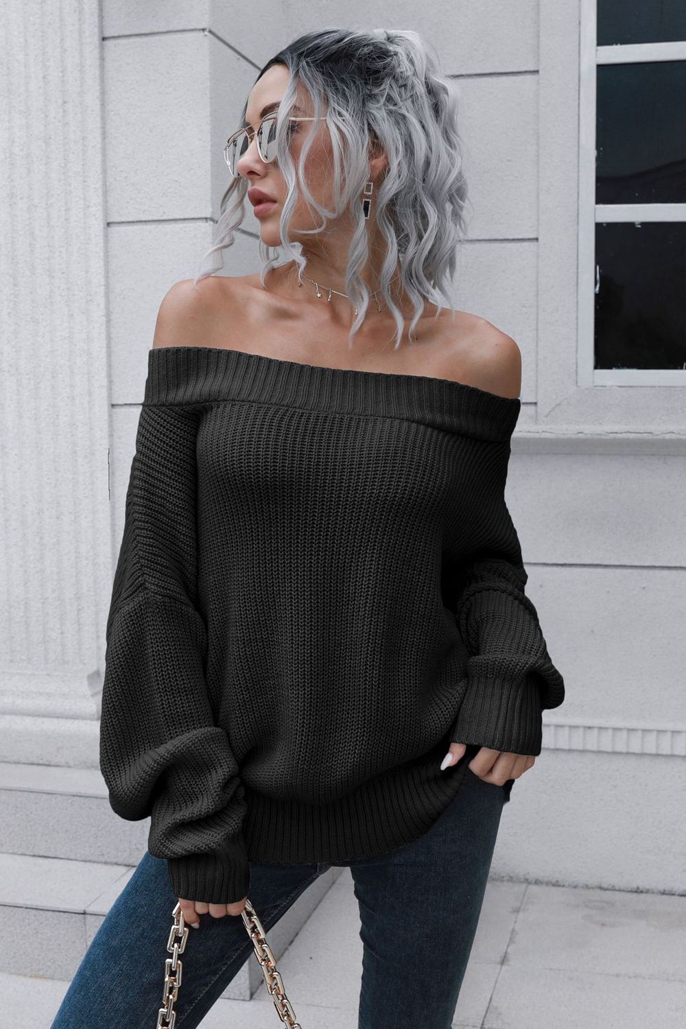 Camilia Off-Shoulder Ribbed Long Sleeve Pullover Sweater