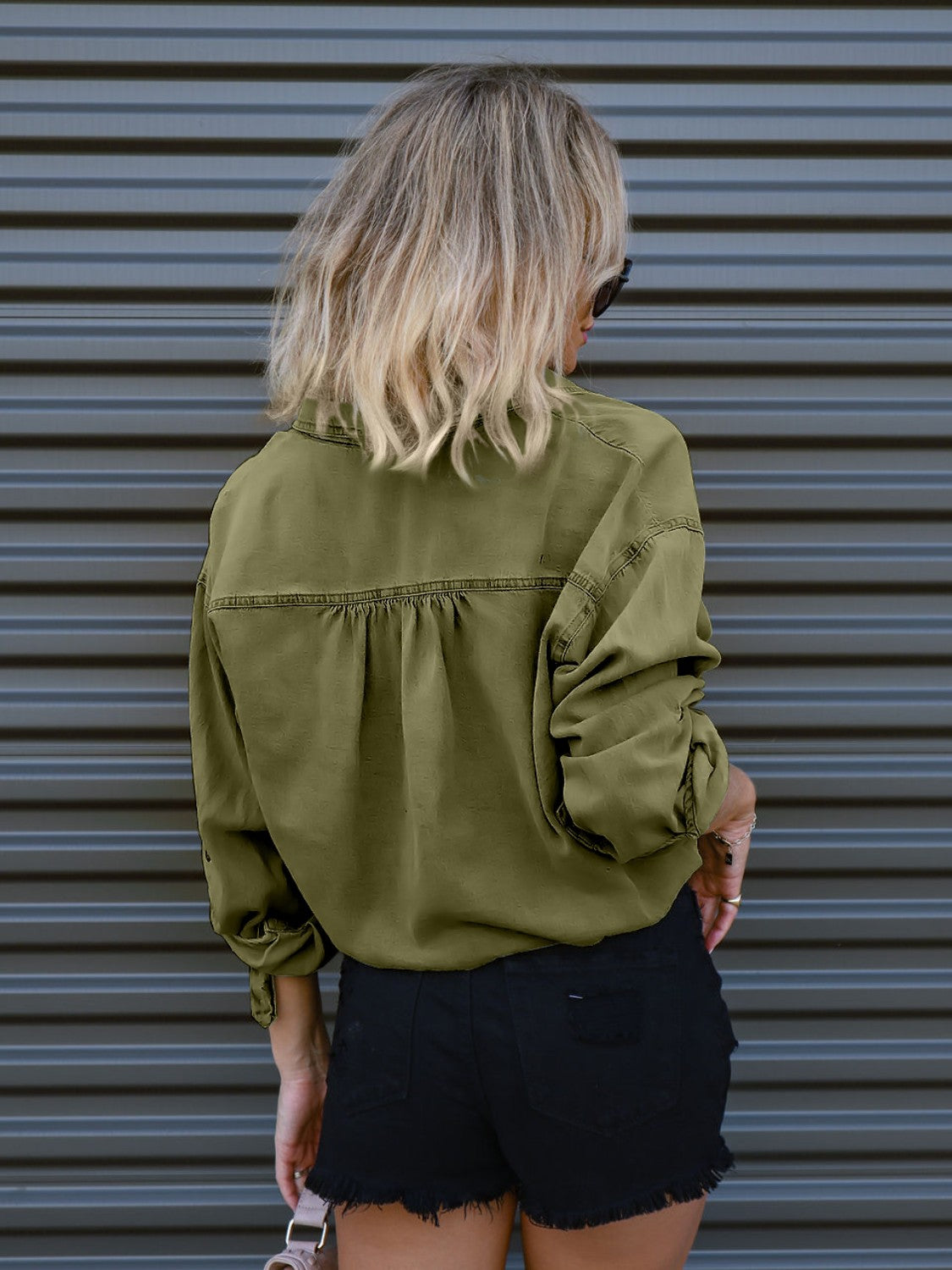 Irina Drawstring Pocketed Button Up Denim Top