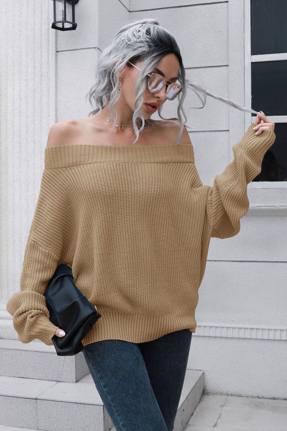 Camilia Off-Shoulder Ribbed Long Sleeve Pullover Sweater