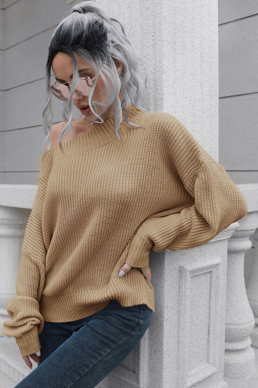 Camilia Off-Shoulder Ribbed Long Sleeve Pullover Sweater