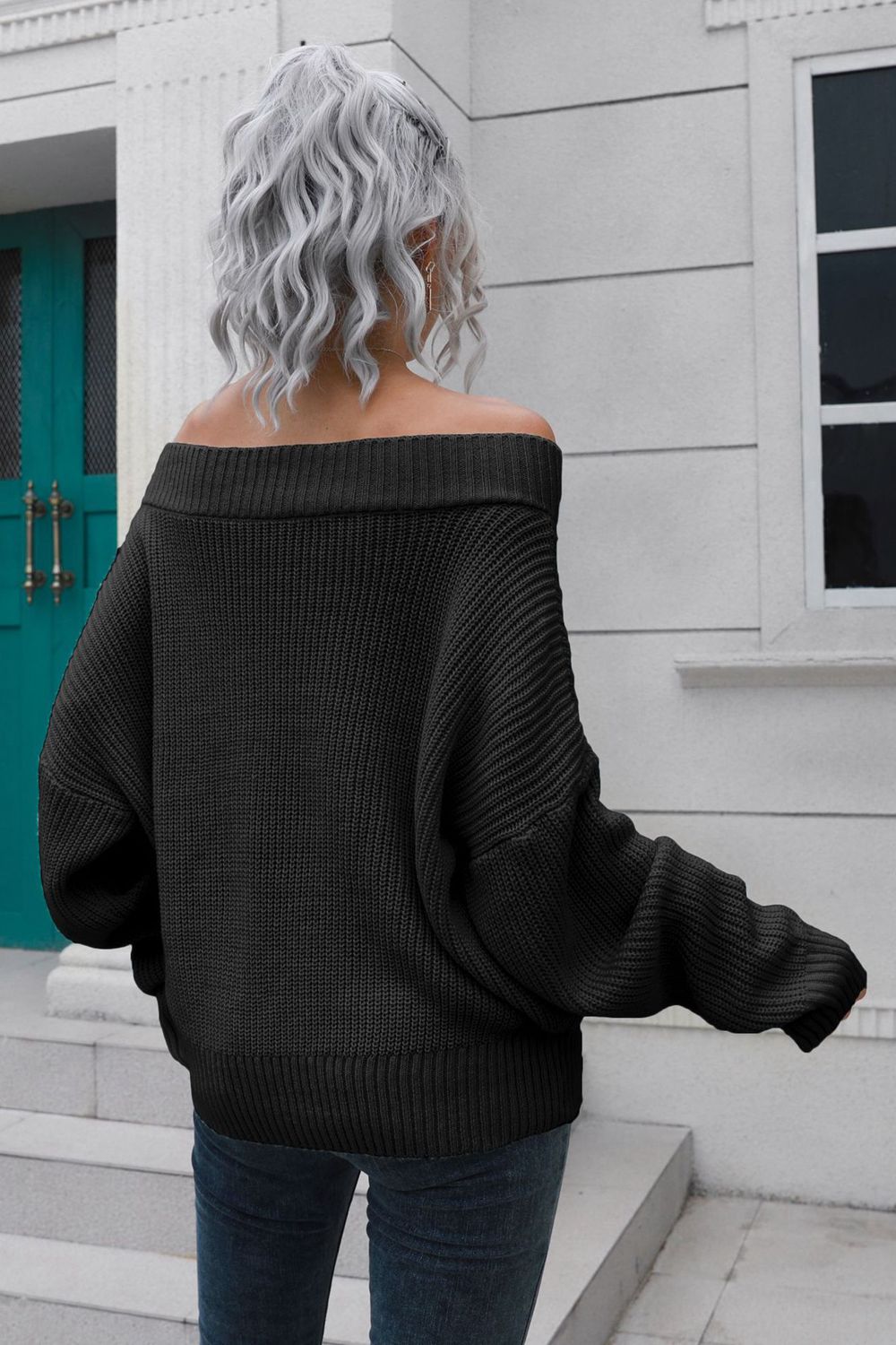 Camilia Off-Shoulder Ribbed Long Sleeve Pullover Sweater