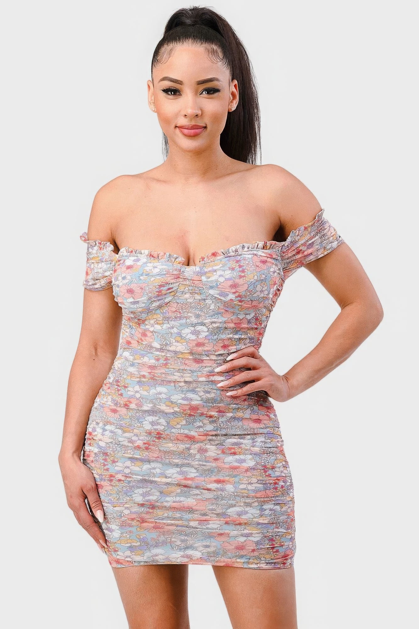 Lylah Ruffled Off Shoulder Ruched Mini Dress