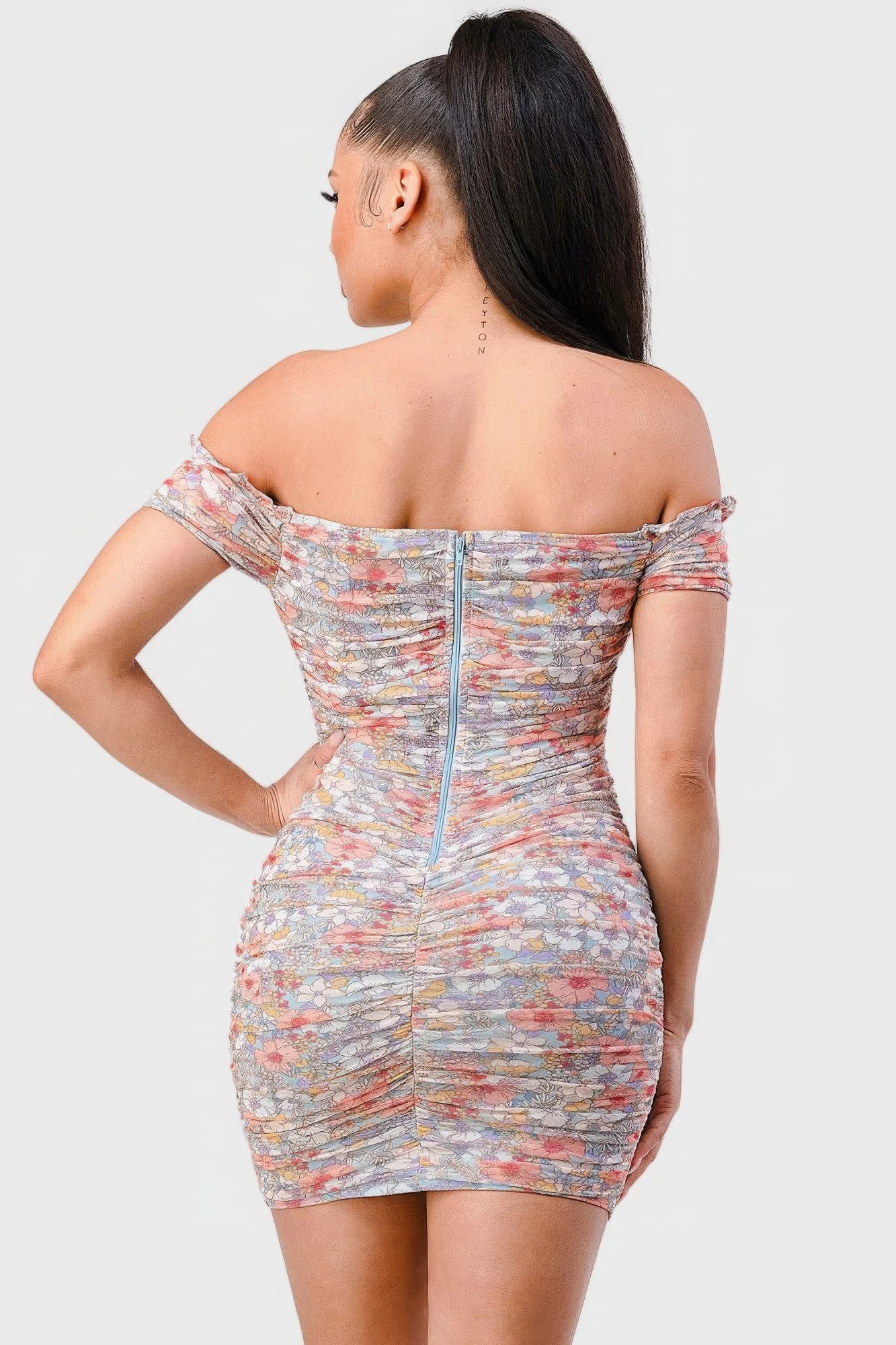 Lylah Ruffled Off Shoulder Ruched Mini Dress