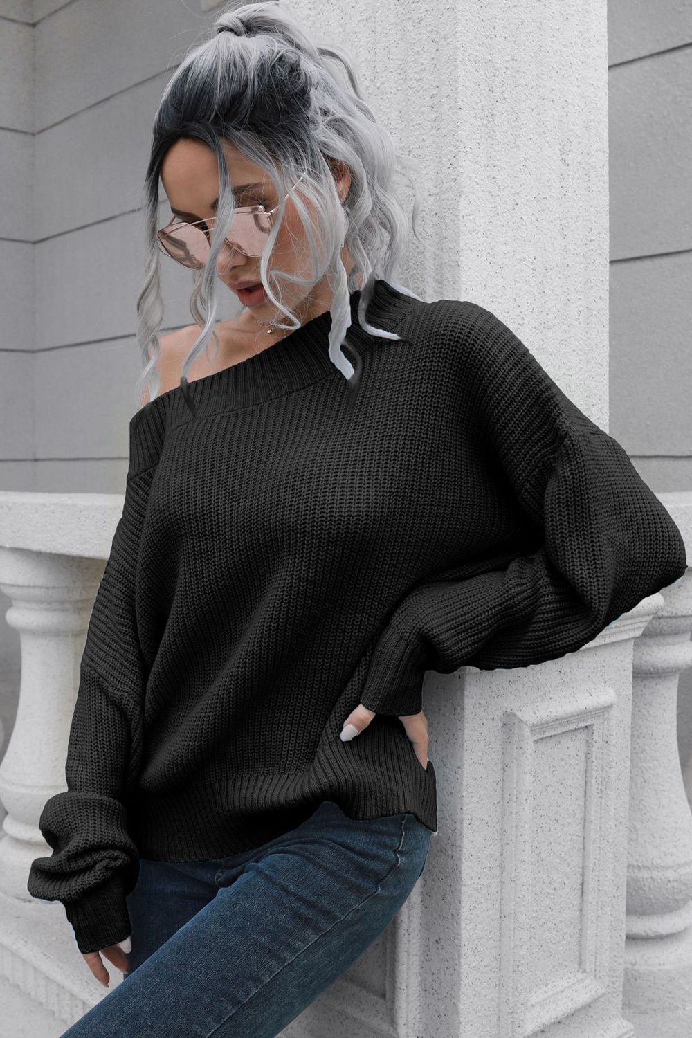 Camilia Off-Shoulder Ribbed Long Sleeve Pullover Sweater